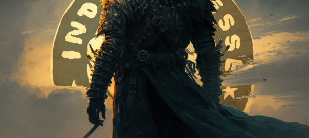 Midjourney-Prompt: Midnight's Sun of the Silent Roadwarden, high fantasy, tale, adventurer in style of Frank Miller, Artstation, graphic novel mit eingebettetem Indiefresse-Logo